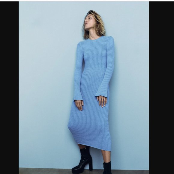 ZARA WOMAN STRETCH LONG SLEEVE BABY BLUE RIBBED KNIT MIDI MAXI DRESS $89.90 - Picture 13 of 15